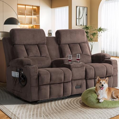 SiTimmGer Recliner Loveseat,Reclining Loveseat with Console,2 Seater Manual Pull Tab Reclining Loveseat with USB Charge Ports,Modern Style w Cup Holders,Mobile Phone Holder Recliner Couches,Brown