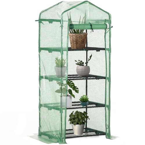 Outsunny Serre de Jardin PE avec étagères 4 Niveaux, Serre de Balcon, bâche renforcée 140 /m², châssis en Acier, Porte zippée Enroulable, pour légumes...