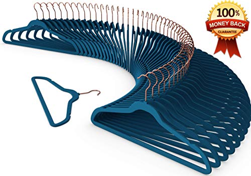Premium Quality Velvet Hanger (Set of 50) - Ultra -Thin No Slip Velvet Suit Hangers - Swivel Rose Gold Hooks, Stronger Than Standard Velvet Hangers - Space Saving Valvet Hanger (50, Blue)