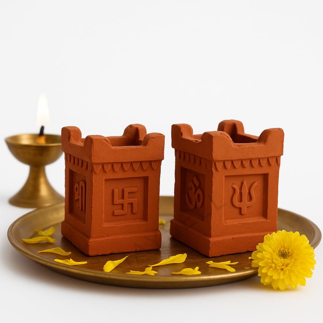 Handmade Tulsi-Shaped Diya - Eco-Friendly Terracotta Lamps with Om, Swastika & Trishul for Festival & Home Decor (Pack of 7)-picture-51