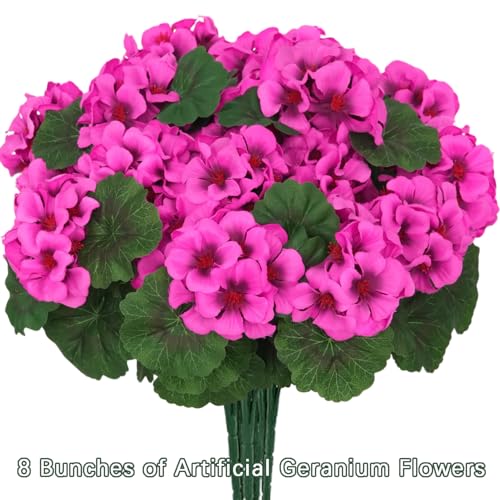 Image of 8 Pcs Artificial Geraniums Flowers for Outdoor Spring Summer Decor UV-Resistant & Realistic Silk Faux Plants for Garden Porch Patio Yard Balcony Home Kitchen Table Decoration, Rose Pink