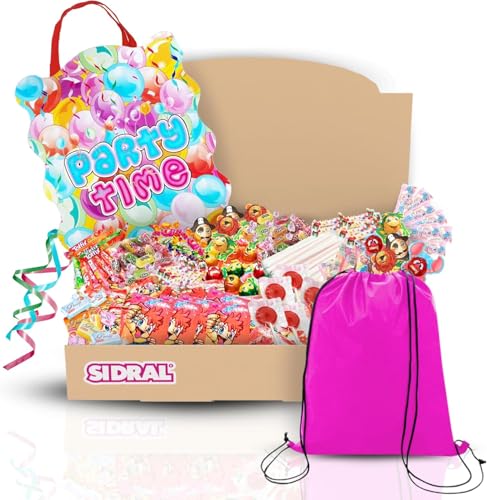 275 chuches variadas+piñata+mochila para llevar chuches :Cañas y sobres Sidral, chocolate, gominolas, caramelos blandos rellenos gel de frutas - Perfectas para Regalar en Cualquier Ocasion