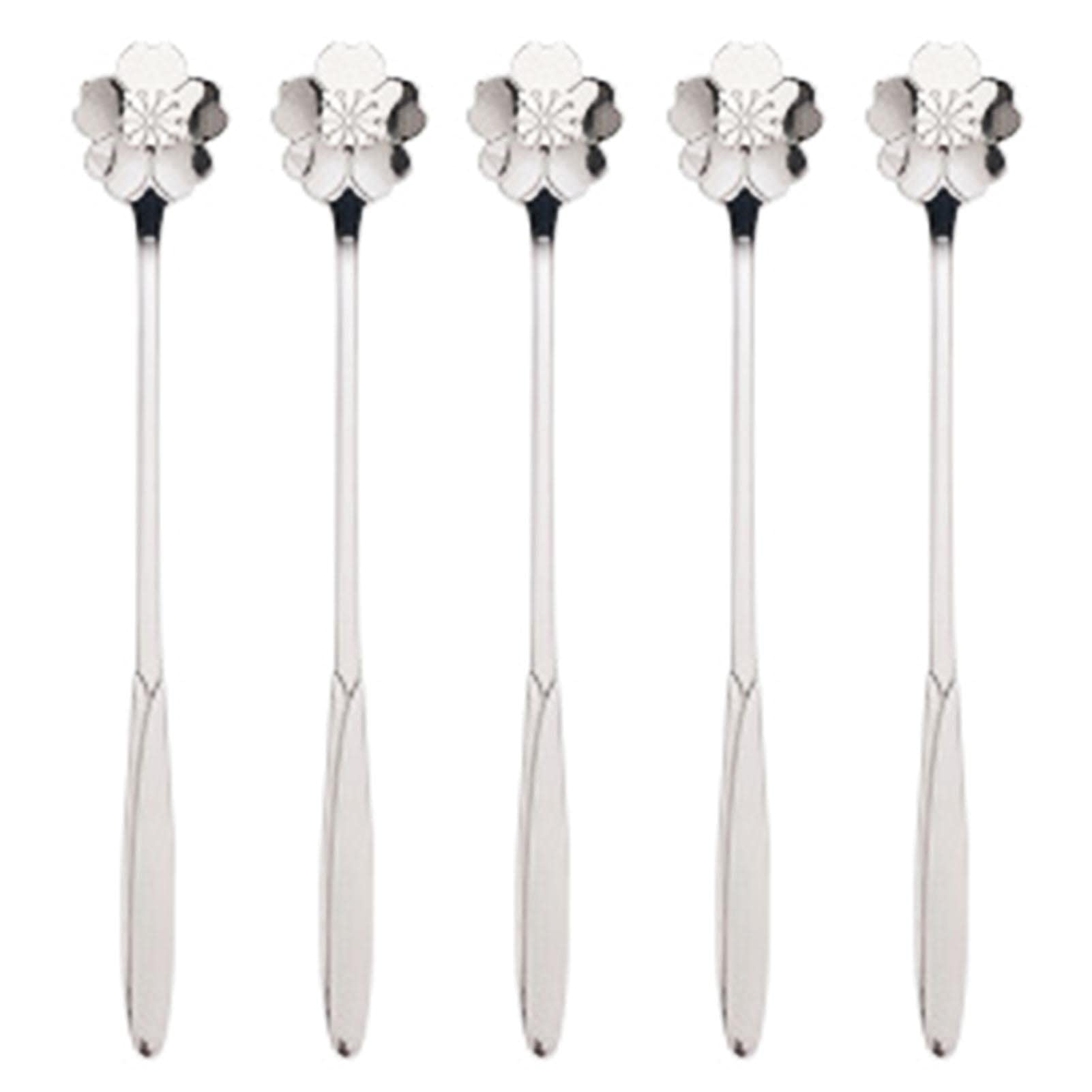 5Pcs/Set Coffee Mixing Spoon Flower Heart Shape Multifucntional Stainless Steel Long Handle Scoop Ice Cream Spoon Dessert Scoop Fruit Spoon Coffee Scoop for Cafe Golden Sakura