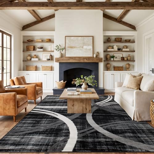 Rugshop Modern Wavy Circles Design Area Rug, Carpet with Jute Backing for Living Room, Dining Room, or Office, Black, 7'10' x 10'2'