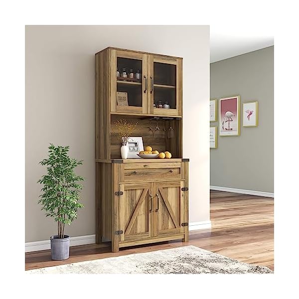 SAINTCY Farmhouse Kitchen Hutch Storage Cabinet, Freestanding Bar Cabinet with Sliding Barn Door, Kitchen Hutch with Glass Rack, Drawers, Adjustable Shelves, Sideboard Buffet Pantry for Dining Room