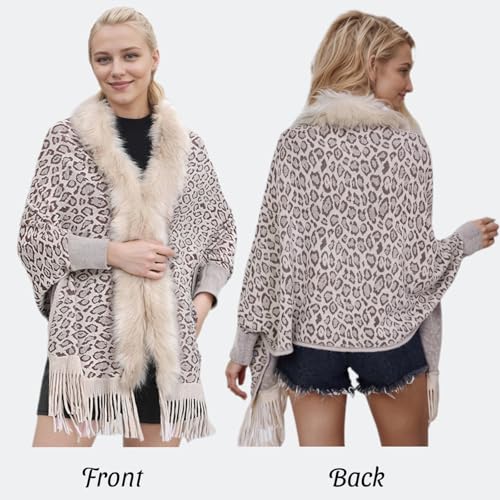 Women Leopard Tassels Faux Fur Shawl Coat Casual Batwing Sleeve Artificial Fur Collar Cloak Outwear for Winter Fall3