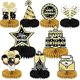 9Pcs Black Gold Happy Birthday Decorations Table Centerpieces, 3D Double Sided Honeycomb Ornament,...
