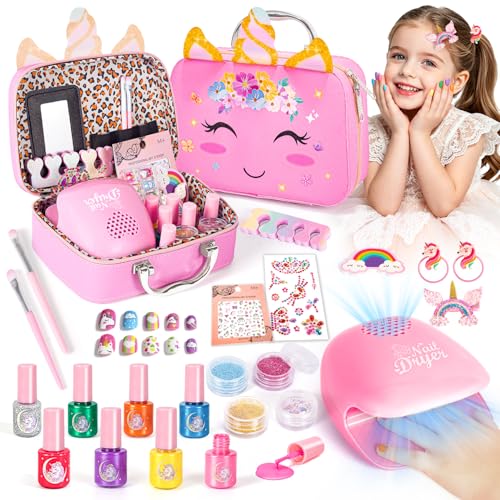 Nagellack für Kinder Wasser-basierte Kindernagellack Ungiftig Kinder Schminkkoffer Spielzeug Einhorn Nagelstudio Nageltrockner Peel-Off Nagellack Nagelsticker Geburtstag Geschenke Mädchen 3-12 Jahre