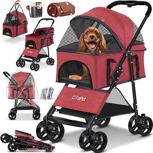LOVPET® Passeggino per cani 2in1 - box per trasporto cani - borsa da trasporto per cani pieghevole fino a 20 kg - carrello per animali con finestre a rete e parapioggia I Rosso