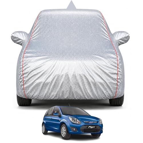 Image of Premium Car Cover for Ford Figo (2010-2014) | 100% Waterproof, Dustproof & UV Protection | Mirror & Antenna Pocket | Soft Inner Lining, Triple Stitched, Belt & Buckle (Metallic Silver)