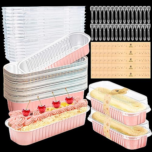 Furuising 120Pcs/30Set Mini Loaf Pans with Lids and Spoon, 200ml Aluminum Loaf Cake Cases, Reusable Foil Mini Loaf Tin