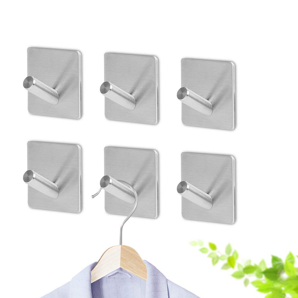 WILIFDOMSelf Adhesive Hooks 6 Pack Towel Hook SUS 304 Stainless Steel Bathroom Kitchen Organizer Super Power Heavy Duty Wall Mount Coat Hanging Rack