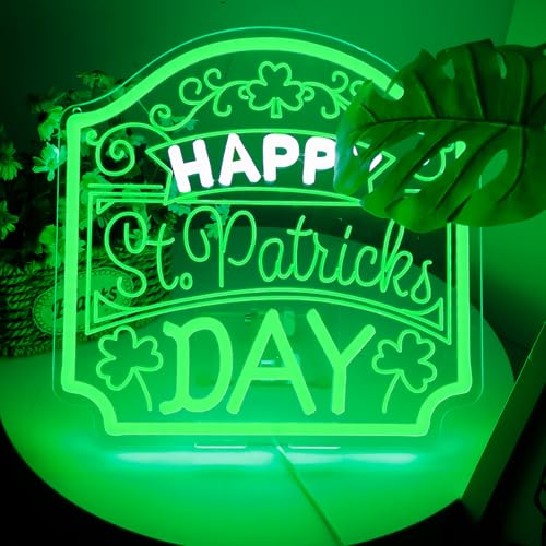 Image of Happy St. Patrick's Day Art Neon Signs Shamrock LED Neon Lights Dimmable Wall Decor for Kids, Room, Office, St Patrick's Day Party Gift Art for Boys Girls-12.2 x 12.2 IN-USB Powered-Acrylic