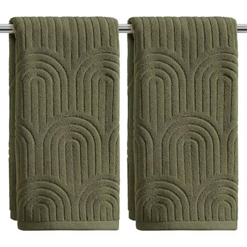 Artoid Mode 2 Pcs Olive Green 3D Arched Stripes Jacquard Hand Towels for Bathroom 100% Cotton Soft Absorbent Bathroom Decor Towels 13.7 x 29.5 Inch