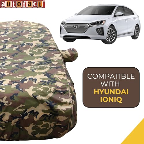 Image of Autofact 100% Waterproof Car Body Cover Compatible with Hyundai Ioniq, with Mirror Pockets, 4 x 4 American Matty, Long Lasting Strong Durable Material, Camouflage Army Look