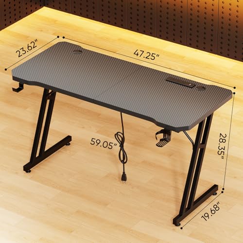 Image of Czlolo 47 Inch Gaming Desk with Power Outlets, L-Shape Leg Computer Desk, Gamer Desk for Small Space, Wtih Cup Holder, Headphone Stand, USB＆ Tpye-C Ports, Carbon Fiber Surface, Black
