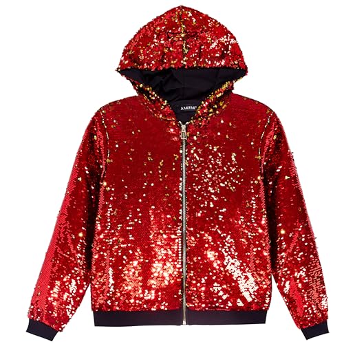 A ARFAR Women Sequin Jackets Flip Glitter Varsity Hooded Sparkly Coat Party Outwear Ladies Shiny Cloth