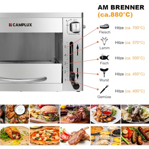 CAMPLUX SG102 Tragbar Oberhitze Gasgrill 3,2kW, Hochleistungs Steakgrill aus Edelstahl, 880°C...