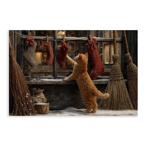 JDBeehpy Comfortable Winter Window Snow Scene Orange Cat Reaching Out