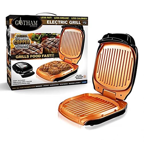 VENTEO – Gotham Grill Electrique Low Fat Grill avec revêtement antiadhésif Céramique Cuivre et Titane, Bac Récupérateur – Coloris Noir – Sans PTFE, PFOA et PFOS