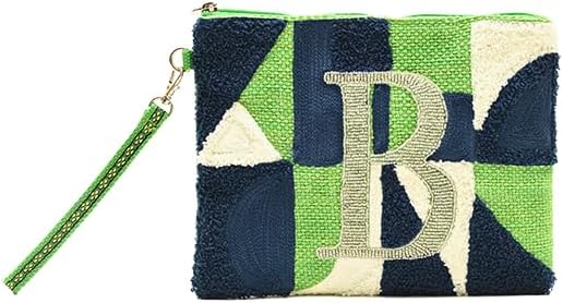 America & Beyond Beaded Monogram Pouch – Handmade Tufted Embroidery Organizer, Zip Clutch for Makeup, Travel, Essentials (M)