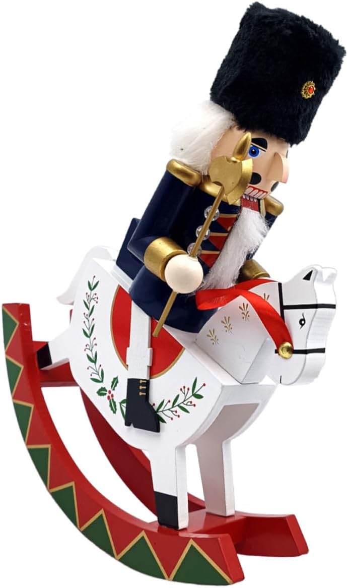 Christmas Nutcracker Figurine on Rocking Horse Large Wooden Nutcracker Table Centerpiece Traditional Holiday Christmas Puppet Decorative Figurine and Home Decor