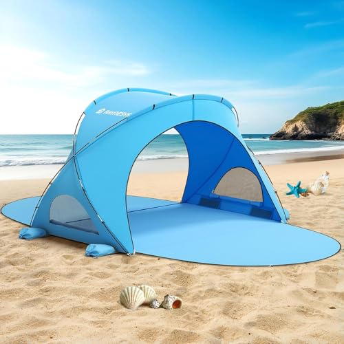Raynesys Beach Tent Sun Shelter, Beach Shade Tent with UPF50+ UV Protection, Portable Sun Shelter for 1-3 Person, Shade Tents with 2 Zippered Doors for Sand Camping Fishing, Blue