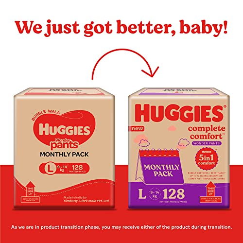 Image of Huggies Complete Comfort Wonder Pants Large (L) Size Baby Diaper Pants Monthly Pack, 128 count, with 5 in 1 Comfort & Mamaearth Deeply nourishing natural baby wash (400 ml, 0-5 Yrs)
