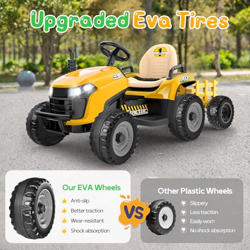 Image of ANPABO 24V Ride On Tractor for Kids w /Detachable Trailer, EVA Tires, Yellow