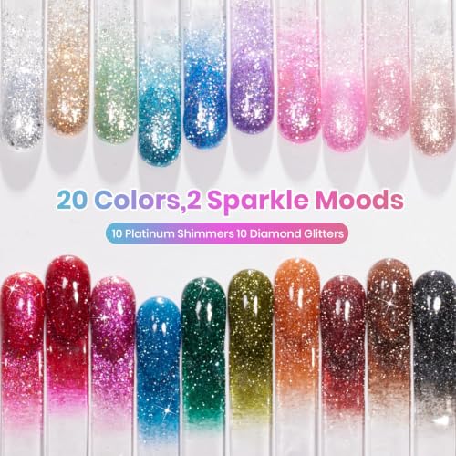 Image of Beetles Glitter Gel Nail Polish Set, 20 Colors Party Auras Gel Polish | Platinum Diamond Shimmer Gel Shades With Base, Glossy&Matte Top Coats for Uv Led Soak-Off Nail Art