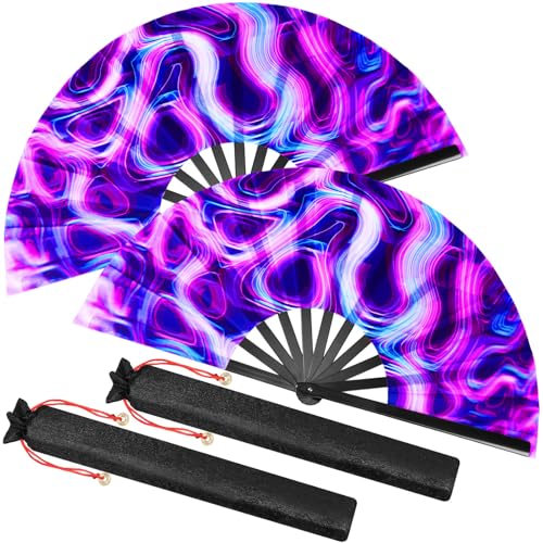 Boao 2 Pcs Large Rave Folding Hand Fans for Men Women Festival Fan Chinese Foldable UV Glow Fan with Bags for Line Dancing, Kungfu, Music Festival Party, Disco, Performance (Psychedelic Color)