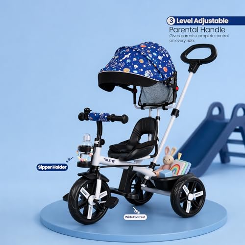 Image of Luusa Elite Pro 4-in-1 Kids Tricycle with Parent Push Handle, Adjustable Canopy, Safety Seat with Seat Belt, Storage Basket & Cup Holder | Toddler Trike for 1-4 Years Boys & Girls (White)