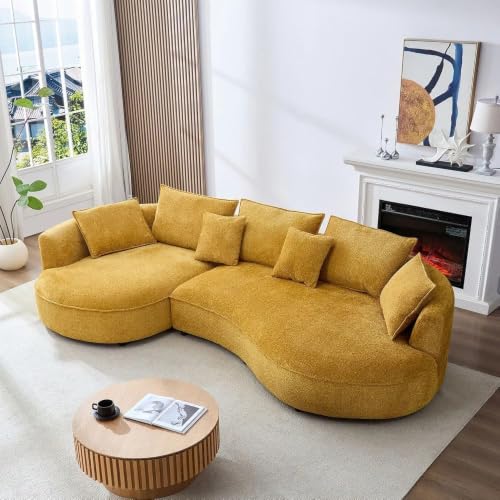 Image of Modern Curved White Sofa Couch with Plush Pillows - 4 Seater Upholstered Living Room Sofa | Contemporary Minimalist Design for Home, Office & Lounge.