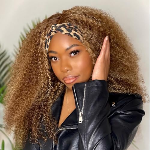 Image of Ombre Headband Wig Human Hair 4 /27 Highlight Kinky Curly Glueless Wig 18 In | Colored Curly Headband Wig for Black Women,Wear and Go None Lace Front Wigs,Brazilian Virgin Hair,150% Density,for Beginners