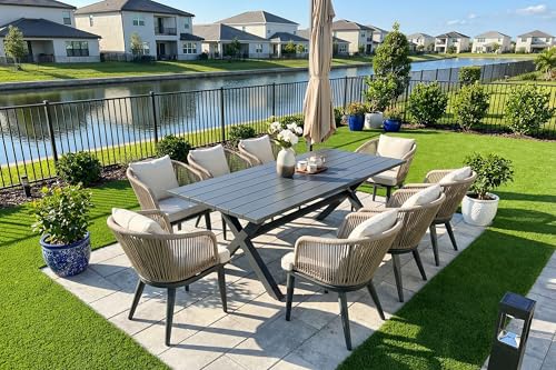 Image of PURPLE LEAF 9 Pieces Patio Dining Set Wicker Outdoor Furniture Rectangular Table and Chairs Set for Garden Deck Aluminum Frame Backyard Kitchen Set, Cushions and Pillows Included Taupe