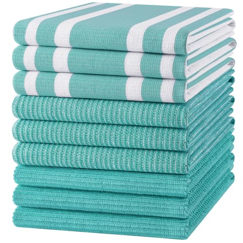 Image of Homaxy Premium Kitchen Towels(18 inchx 28 inch, 9 Pack), Large Cotton 380 GSM Kitchen Hand Towels, Soft and Absorbent Terry Dish Towels, Multipurpose Tea Towel Set with Hanging Loop, Teal