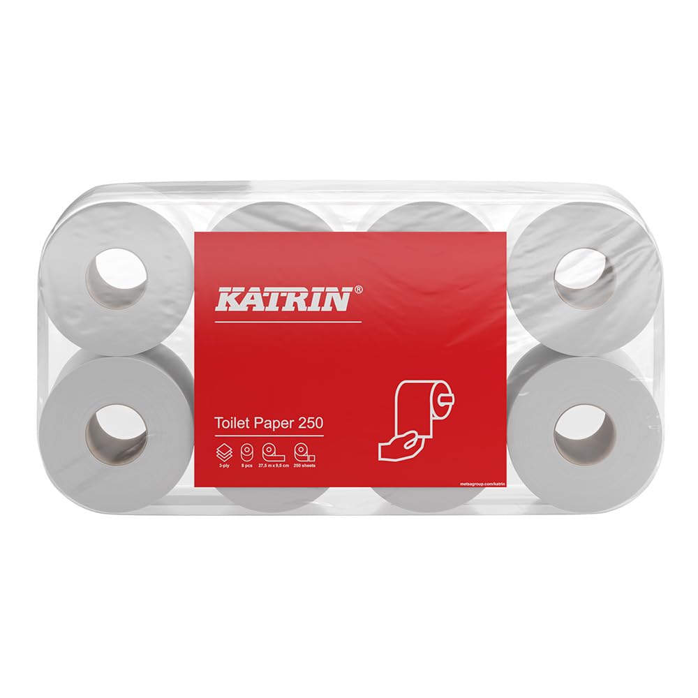 72 rollos de papel higiénico Katrin Toilet | 3 capas | 250 hojas cada uno | perforado | especialmente suave y agradable | Contenido del paquete: 9 x 8 = 72 rollos en bolsa de plástico #11841-Katrin.