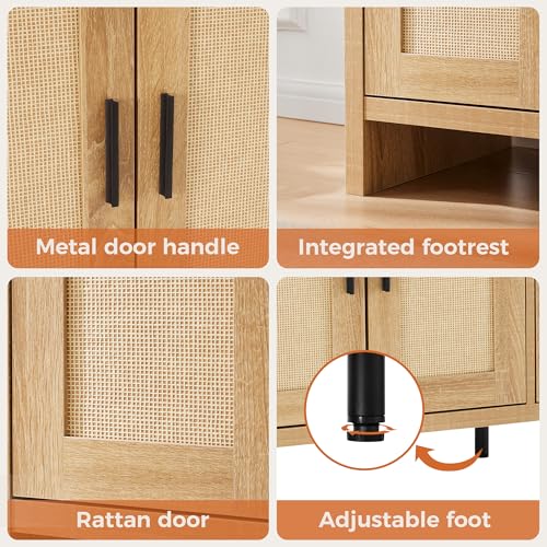 Mericonia Rattan Buffet Cabinet with Storage, Sideboard Cabinet with Doors and Adjustable Shelves, Farmhouse Coffee Bar Station Table, Modern Wood Cupboard for Kitchen, Livingroom and Dining Room - Image 4
