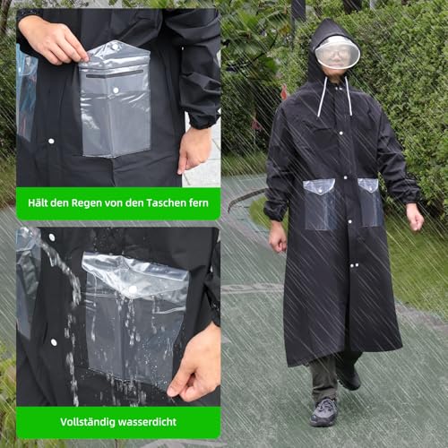 Desoto Regenponcho Extra Lang, Wasserdicht Regenmantel Radfahren Regen Poncho Portable Leichte Regenjacke Mit Kapuze, Wiederverwendbare, mit Tasche, für Backpacking Camping Outdoors (XXL, Schwarz)