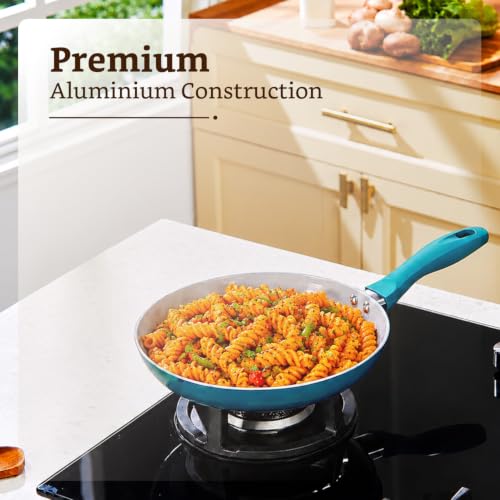 Image of Amazon Brand - Solimo Ceramic Frying Pan 24cm | Non-Stick Aluminium Tawa | Induction & Gas | BPA-Free & PFOA-Free | Ergonomic Handle | Even Heat Distribution | Dishwasher Safe | BIS Certified - Blue
