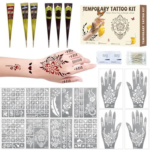 136 Pieces Henna Tattoo Stencil Kit, Temporary Tattoos Stencils Kit with 6 Pcs (Brown/Black/Red) Ink, DIY Face Body Art Painting Kit for Festivals Wedding Party