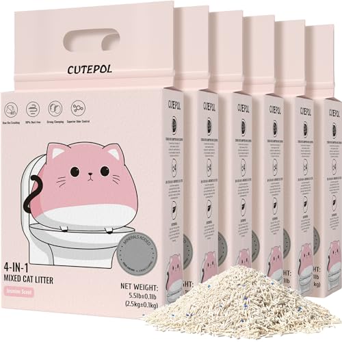 Cutepol Mixed 4-in-1 Clumping Cat Litter 33 lb, Odor Control and Rapid Clumping, Water Absorbent and Flushable, Dust-Free, Multi-Cat, Bentonite Tofu Cat Litter, Jasmine Scent, 5.5lb/Pack