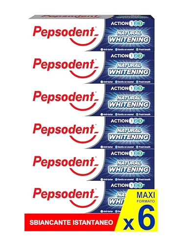 Pepsodent Dentifricio sbiancante naturale al fluoro e calcio per denti più bianchi in una settimana 75 ml (pacco da 6x75ml)