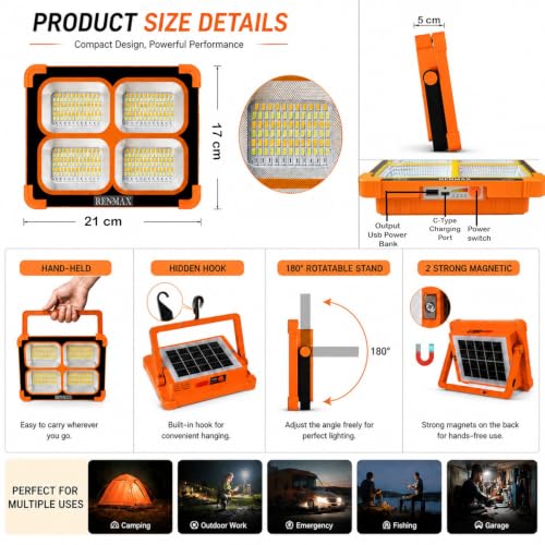 Image of RENMAX Solar Flood Light IP66 Waterproof 50W LED |Portable Cordless Rechargeable| 5-Hours Working| White-Warm White- Red Blue Blinker| for Home, Camping, Travel, Car, Garden, Balcony, Courtyard -1Pc