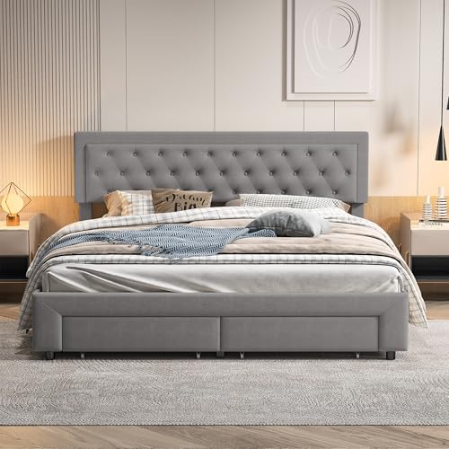FOERPL Cama King Size 180x200cm con Almacenaje Hidráulica y 2 Cajones, Cama Matrimonio Canapé de 180x200 con Cabecero y Somier, Terciopelo,Diseño Moderno (Sin Colchón)