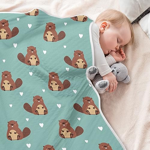 Image of Swaddle Blanket for Green Beaver with Heart Baby Receiving Blanket Muslin Baby Swaddles Soft Cotton Breathable Nursery Blankets for Unisex Boys and Girls 30x40 Inch