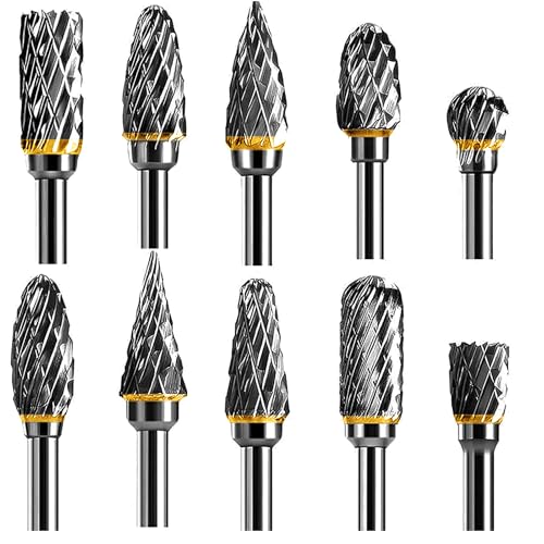 LEAZZLE Juego de Fresas Rotativas de Carburo de Tungsteno,10 Piezas de Vástago de 1/8' adaptables a Herramienta Giratoria para Tallado de Carpintería de Bricolaje, Pulido de Metales, Grabado