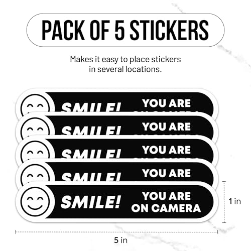 Image of | Smile You're On Camera Stickers (5 Pcs) - Strong Adhesive, Waterproof You are On Camera Signs! Size 5 inch x 1 inch. Anti Theft Car Stickers. Perfect for Business and Home Security Too