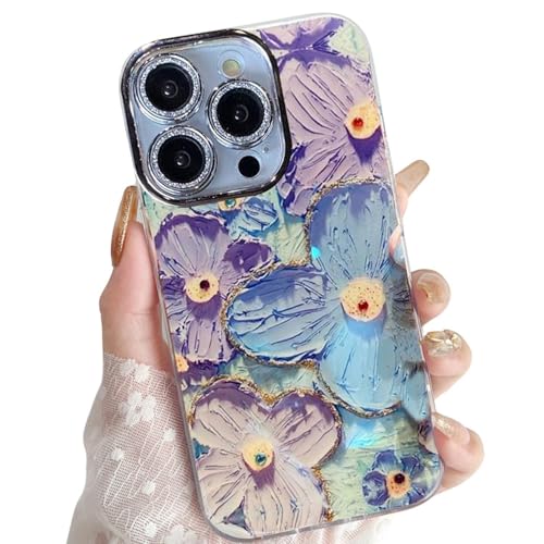 Image of VONZEE Compatible with iPhone 15 Pro Case Laser Flower Oil Painting Cute Colorful Blue Ray Bumper with Full Camera Protection Shockproof PC+TPU Glossy Shiny Cover for Girls Women, Green