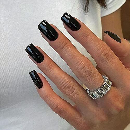 Black Press on Nails Medium Square,KXAMELIE Glossy Glue on Nails Acrylic Nails Press on with Solid Black Color Design Fake Nails Set for Women Girls Daily Wear in 24PCS